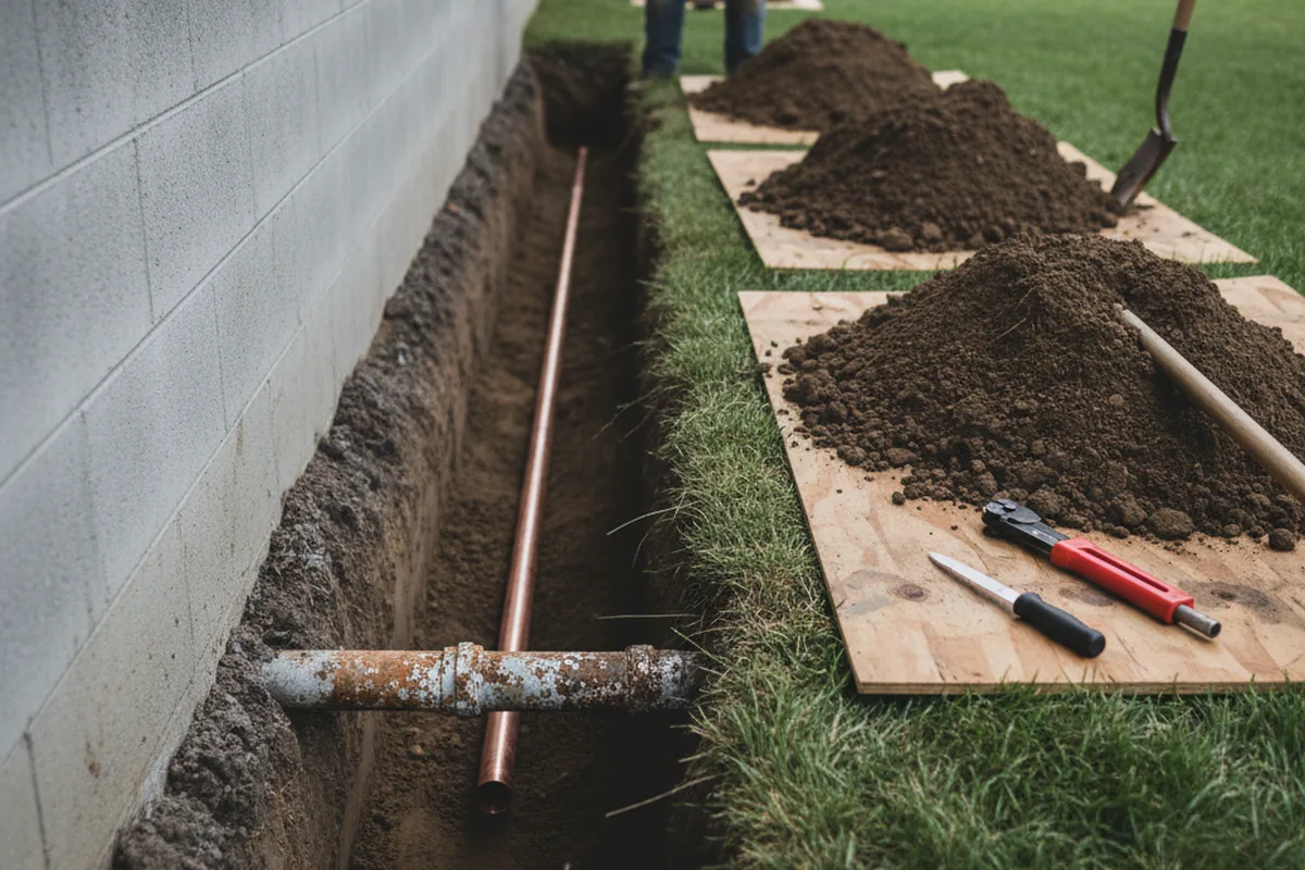 Excavated water line trench during Sewer Line Repair in Suncook